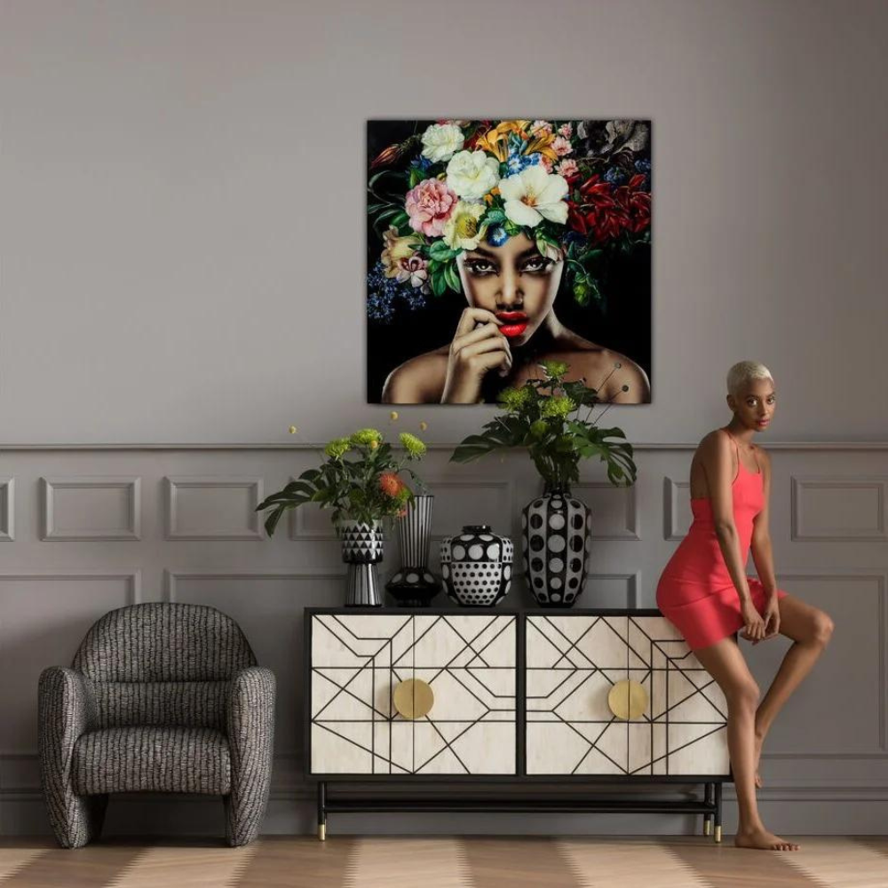 Tableau Cadre Cristal Pretty Flower Woman 100x100 cm - annette carrelages narbonne